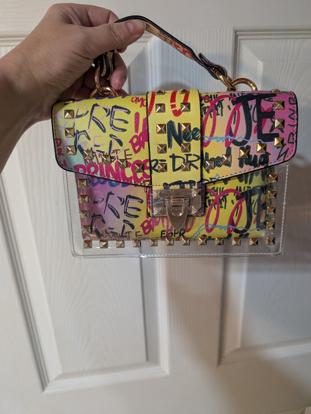 Trendy Studded Graffiti Print Top-Handle Bag in Pink Yellow Green